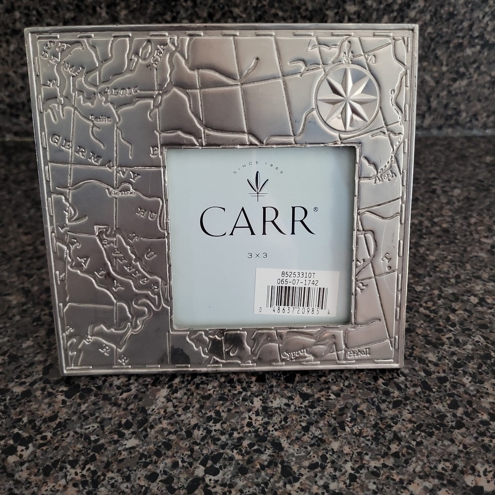 Vintage 1998 Carr Silver Tone World Map Compass 3x3 Photo Picture Frame Travel